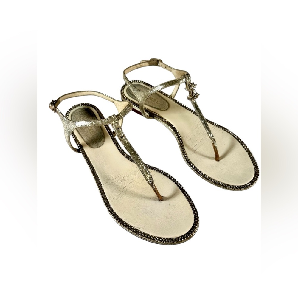 Chanel Metallic Leather T-Strap Gold Sandals w/ Chain Trim – Missing CC Logo